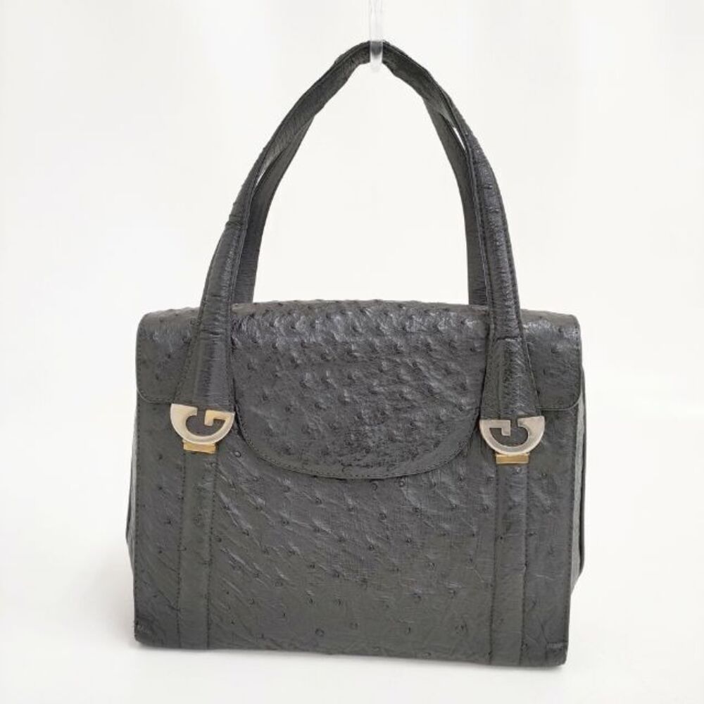 GUCCI Ostrich Leather Handbag Tote Bag Black